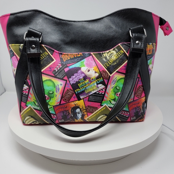 Handmade Black & Pink Vintage Horror Themed Hand Crafted Vinyl Hiraeth Handbag - Picture 1 of 7